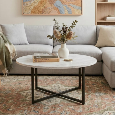Cathkin white marble effect black legs coffee table in a modern living room
