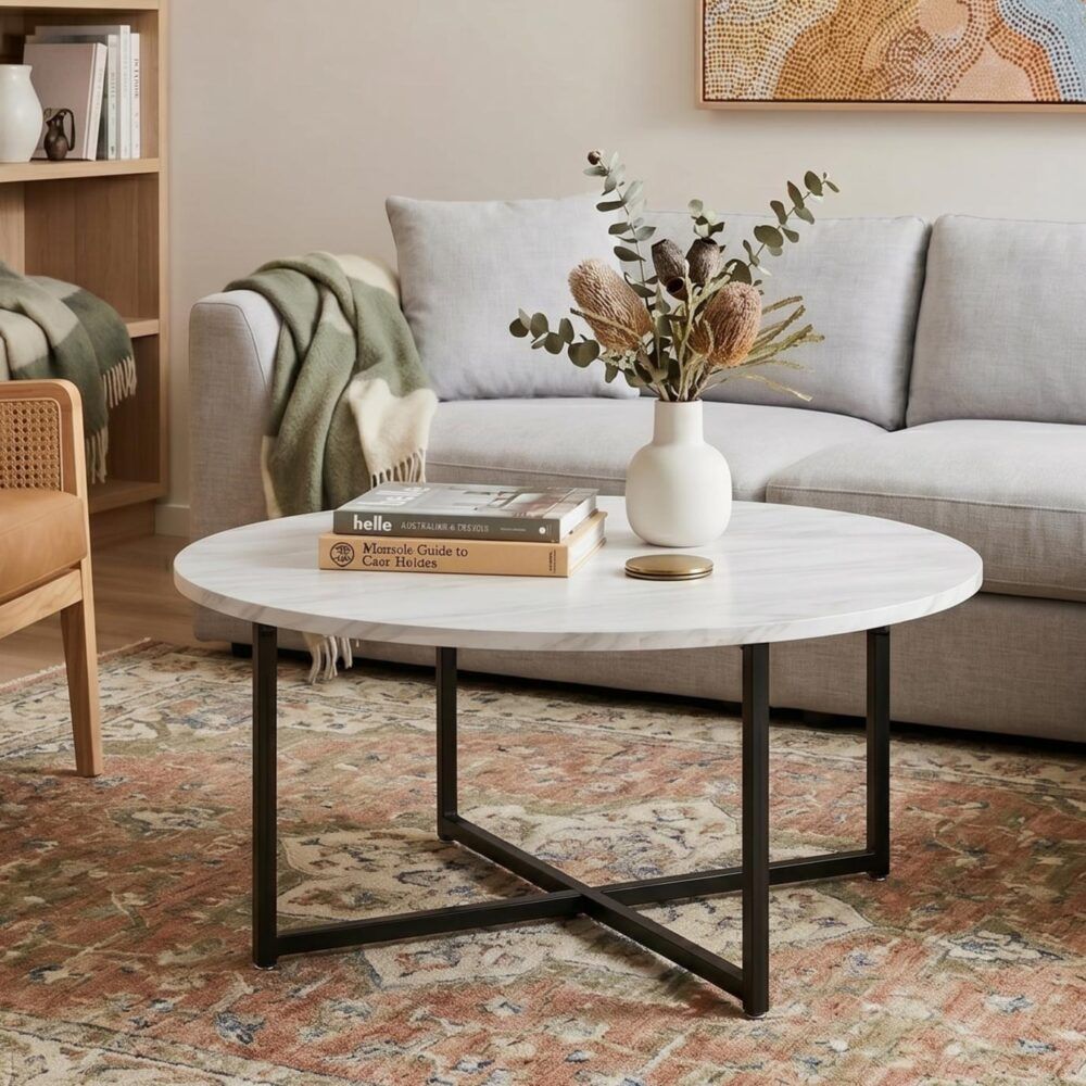 Cathkin Round Coffee Table, White Marble Effect Black Legs