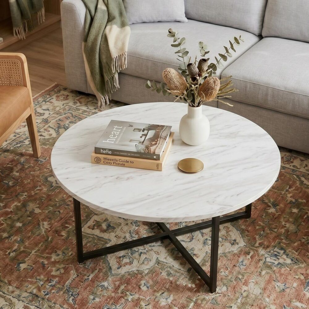 Cathkin Round Coffee Table, White Marble Effect Black Legs
