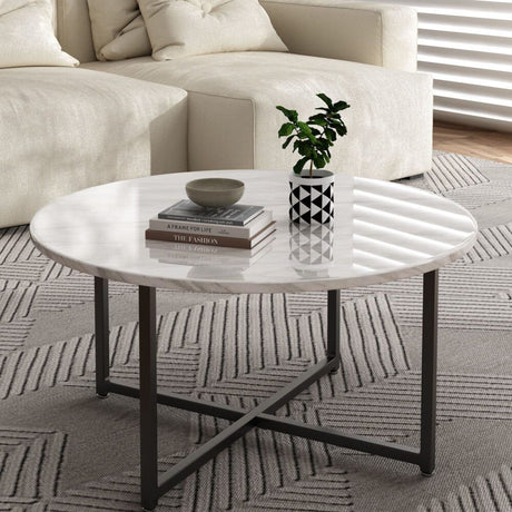 Cathkin Round Coffee Table, White Marble Effect Black Legs