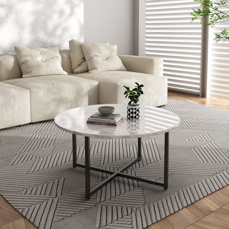 Cathkin Round Coffee Table, White Marble Effect Black Legs