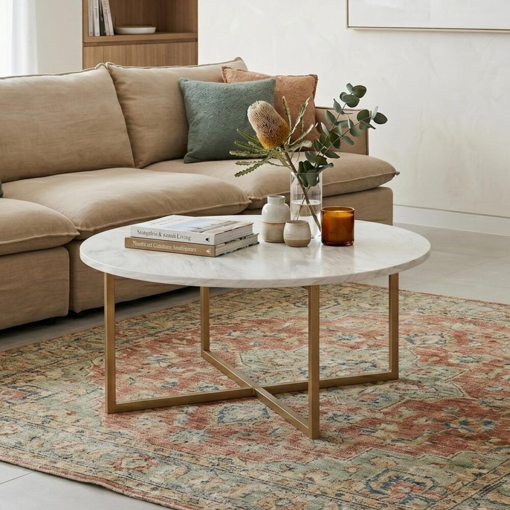 Cathkin Round Coffee Table, White Marble Effect Gold Legs
