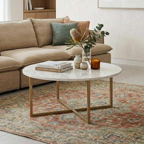 Cathkin Round Coffee Table, White Marble Effect Gold Legs