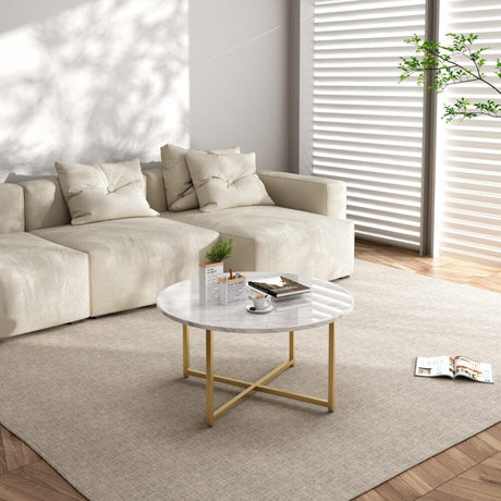 Cathkin Round Coffee Table, White Marble Effect Gold Legs