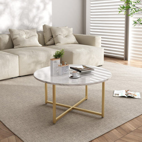Cathkin Round Coffee Table, White Marble Effect Gold Legs