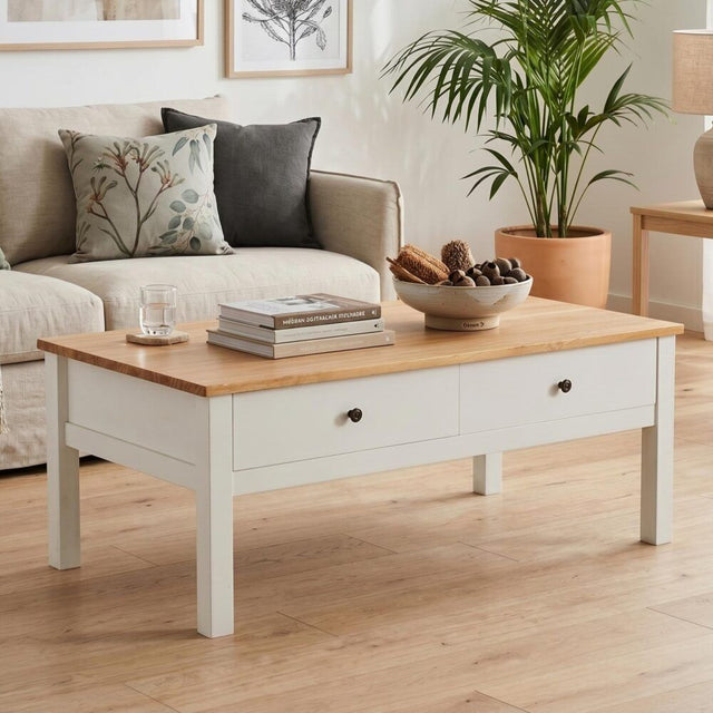 Eildon white and timber coffee table in a modern living room