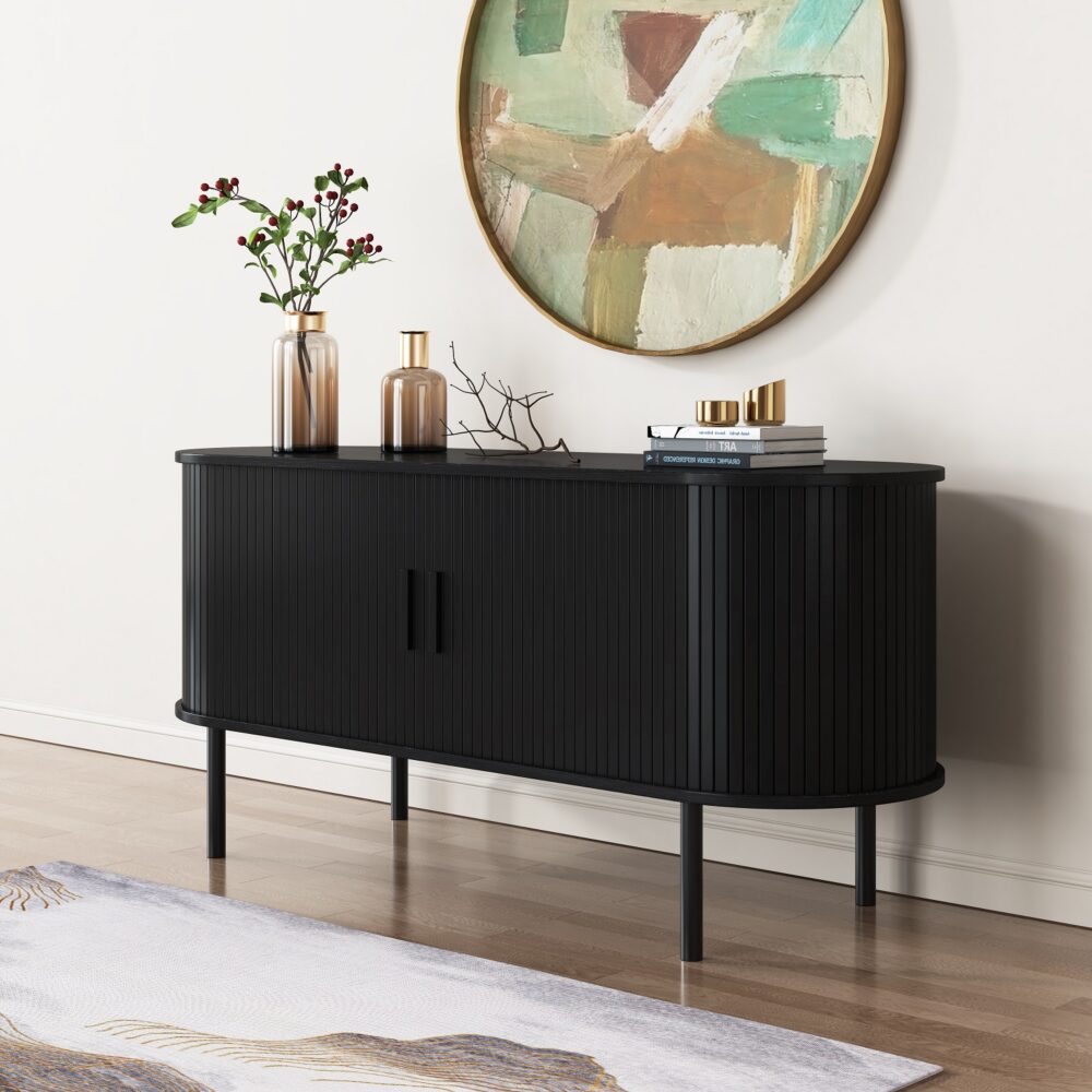 Ribbed Ripple Sideboard with Sliding Doors — Oval Silhouette, Metal Legs — Allure Home Collections