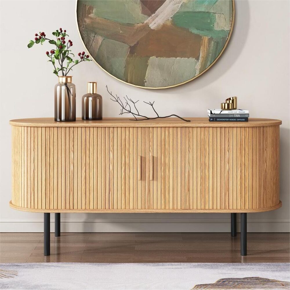 Ribbed Ripple Sideboard with Sliding Doors — Oval Silhouette, Metal Legs — Allure Home Collections