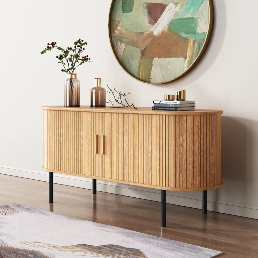 Ribbed Ripple Sideboard with Sliding Doors — Oval Silhouette, Metal Legs — Allure Home Collections