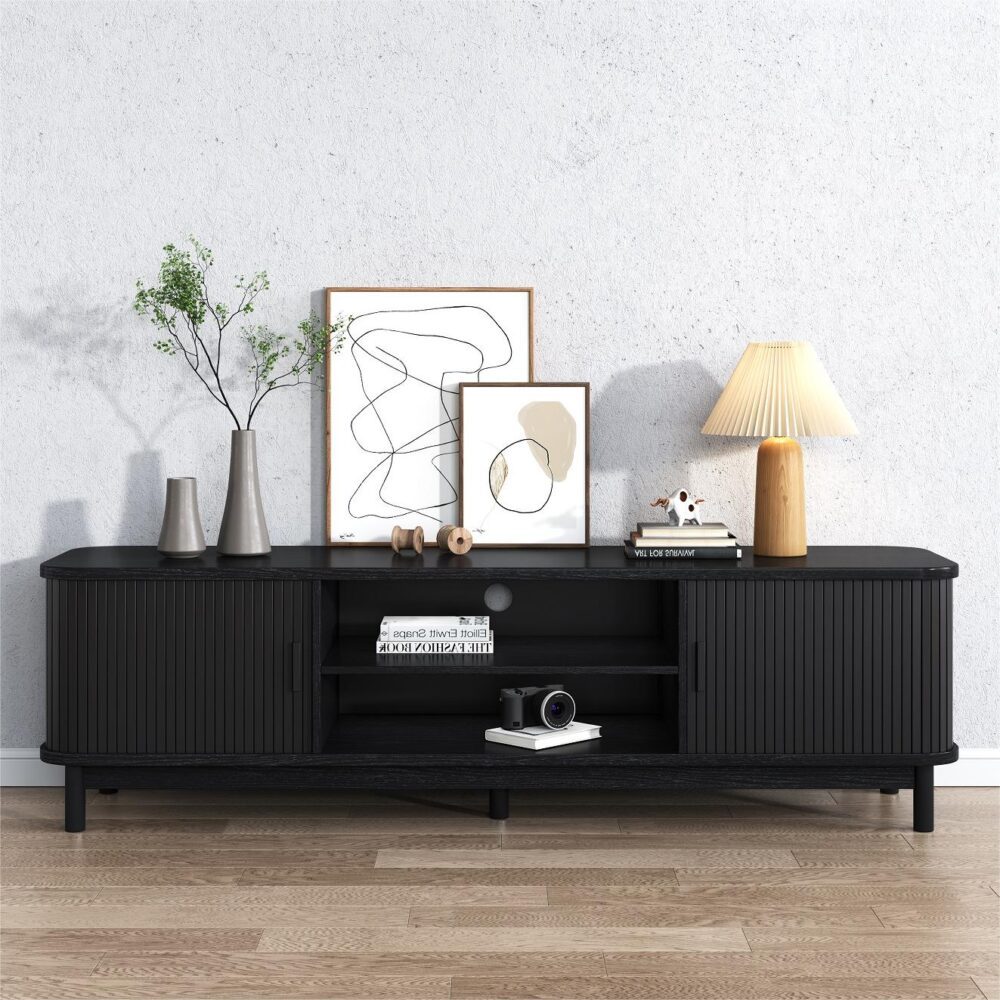160cm Ribbed Entertainment Unit with Mid-Century and Open Storage — Allure Home Collections