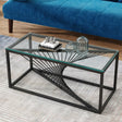 Glenburn clear glass black frame coffee table in a modern living room