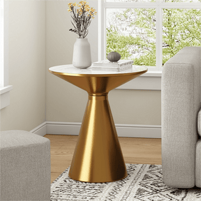 Como round side table with a gold pedestal and sintered stone top