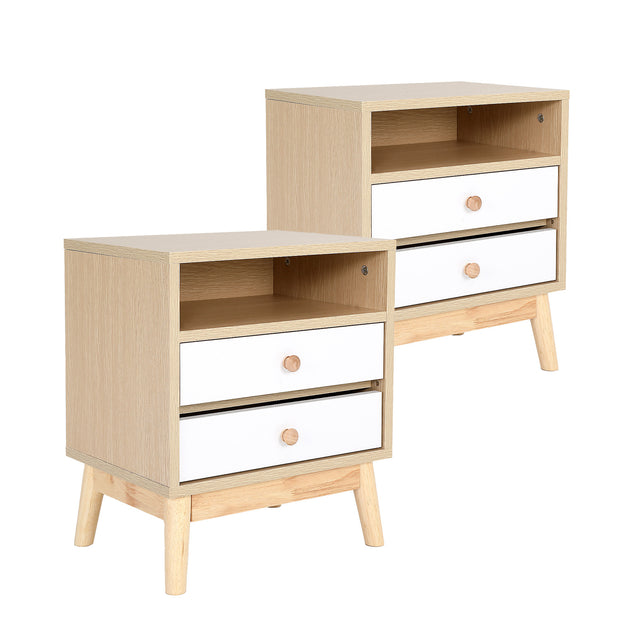 Suffolk Park oak two drawer bedside tables shown as a matching pair in a warm bedroom