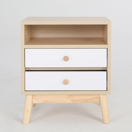 Suffolk Park oak two drawer bedside tables shown as a matching pair in a warm bedroom