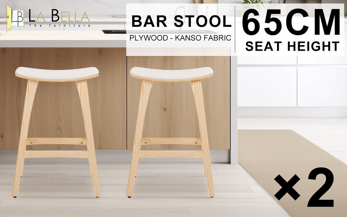Pair of KANSO wooden padded bar stools at kitchen counter — Allure Home Collections