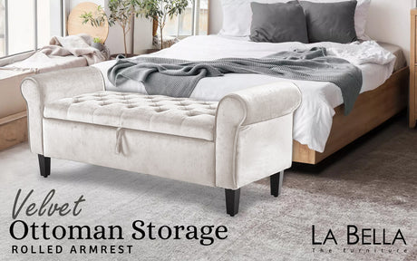 La Bella 132cm Velvet Storage Ottoman Bench Seat Beige — Allure Home Collections