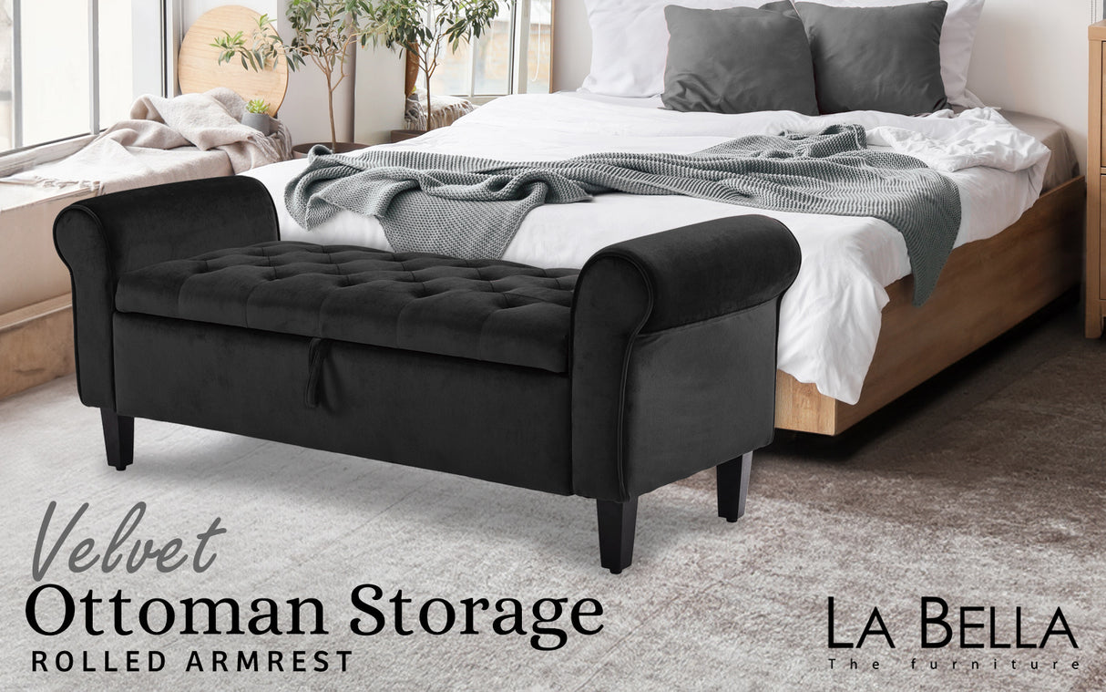 La Bella 132cm Velvet Storage Ottoman Bench Seat Black — Allure Home Collections