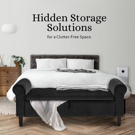 La Bella 132cm Velvet Storage Ottoman Bench Seat Black — Allure Home Collections