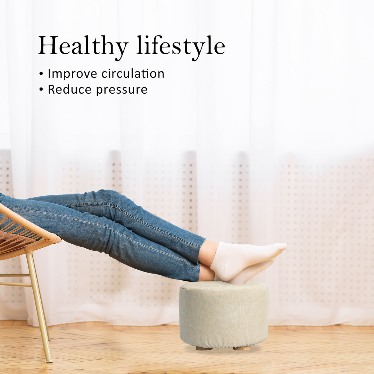 La Bella Round Faux Linen Ottoman with Wooden Legs Beige Black or Dark Blue — Allure Home Collections