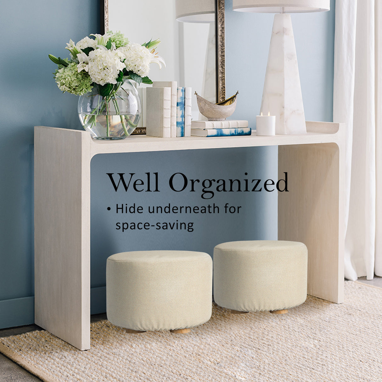 La Bella Upholstered Round Ottoman Set of 2 Wooden Legs Beige Black or Dark Blue — Allure Home Collections