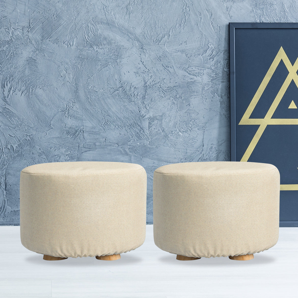 La Bella Upholstered Round Ottoman Set of 2 Wooden Legs Beige Black or Dark Blue — Allure Home Collections