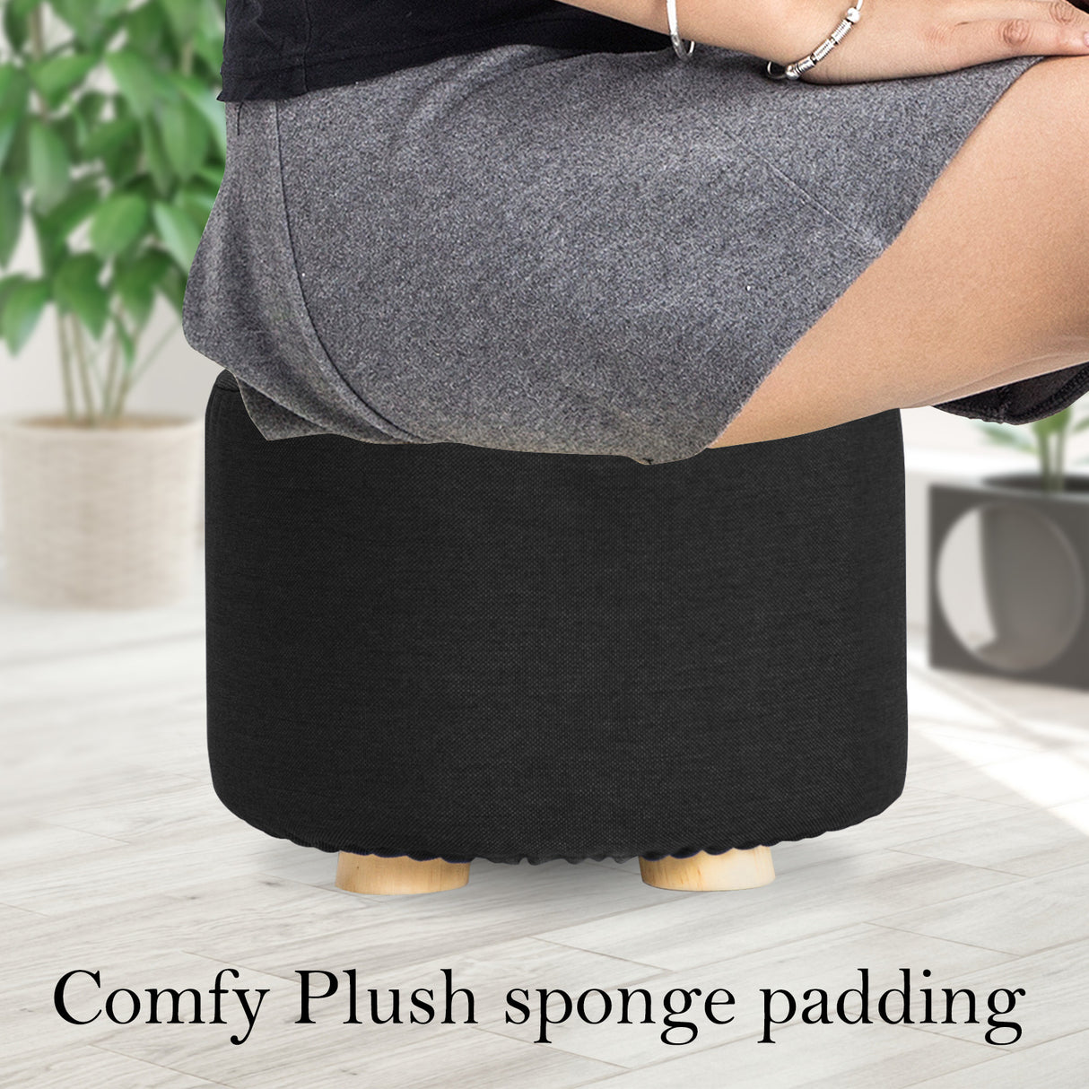 La Bella Round Faux Linen Ottoman with Wooden Legs Beige Black or Dark Blue — Allure Home Collections