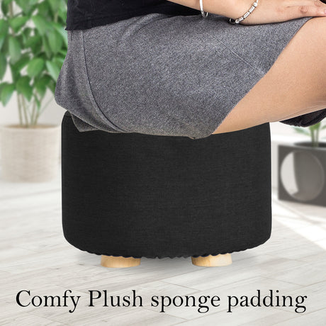 La Bella Round Faux Linen Ottoman with Wooden Legs Beige Black or Dark Blue — Allure Home Collections