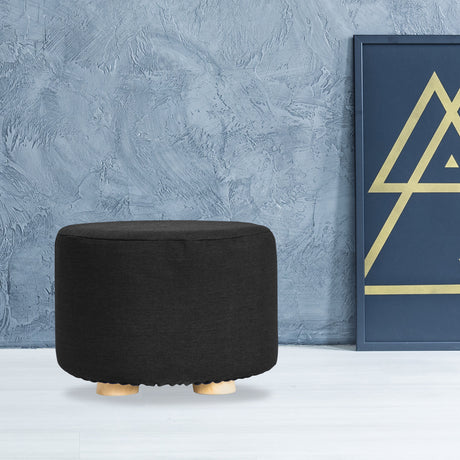 La Bella Round Faux Linen Ottoman with Wooden Legs Beige Black or Dark Blue — Allure Home Collections