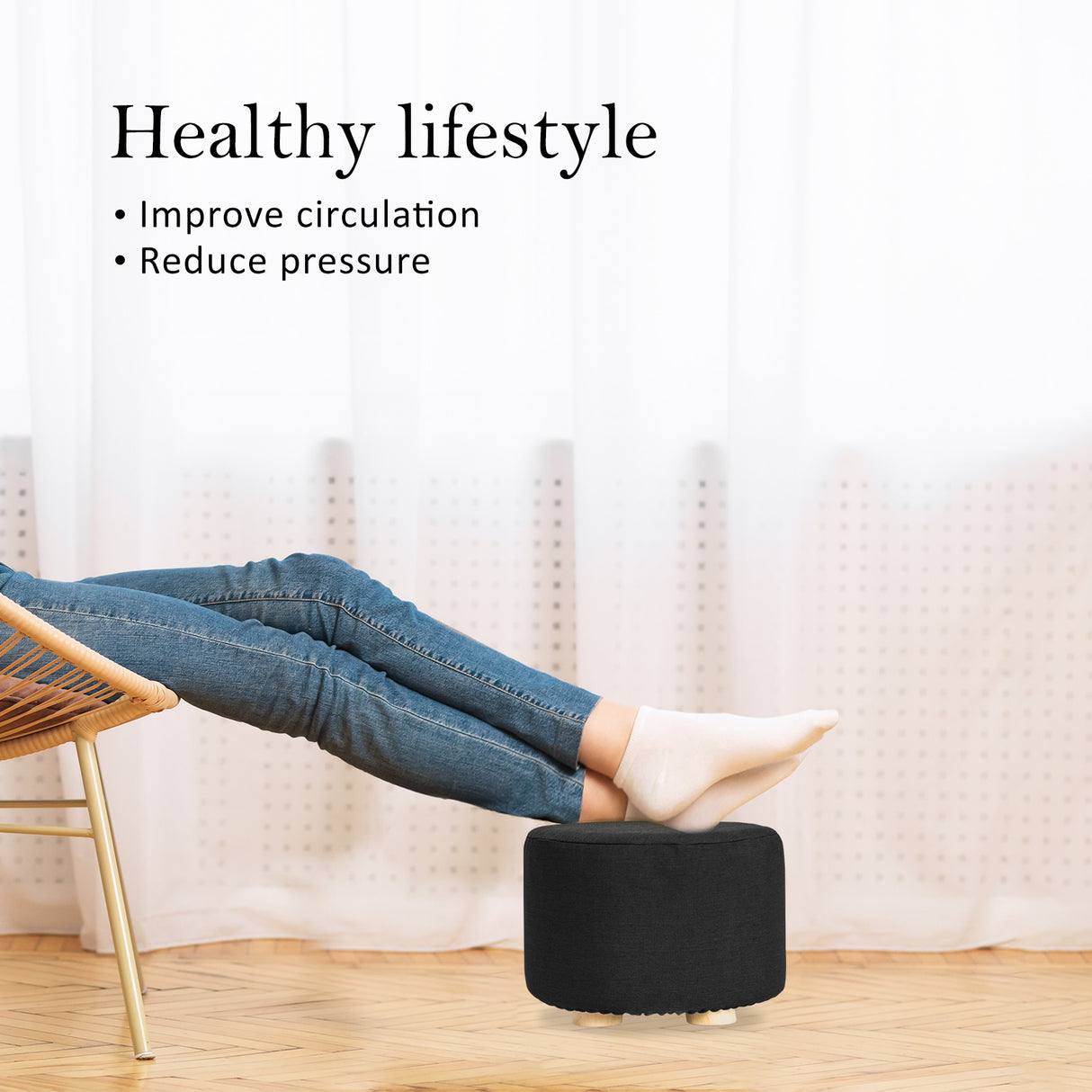 La Bella Upholstered Round Ottoman Set of 2 Wooden Legs Beige Black or Dark Blue — Allure Home Collections