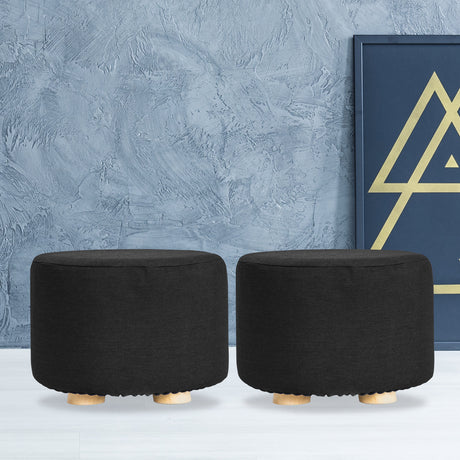 La Bella Upholstered Round Ottoman Set of 2 Wooden Legs Beige Black or Dark Blue — Allure Home Collections