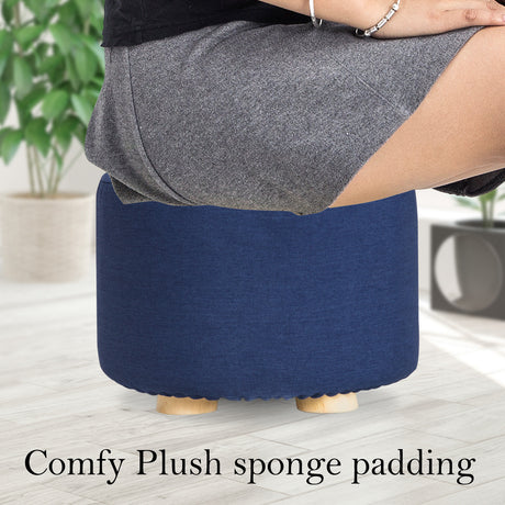 La Bella Round Faux Linen Ottoman with Wooden Legs Beige Black or Dark Blue — Allure Home Collections