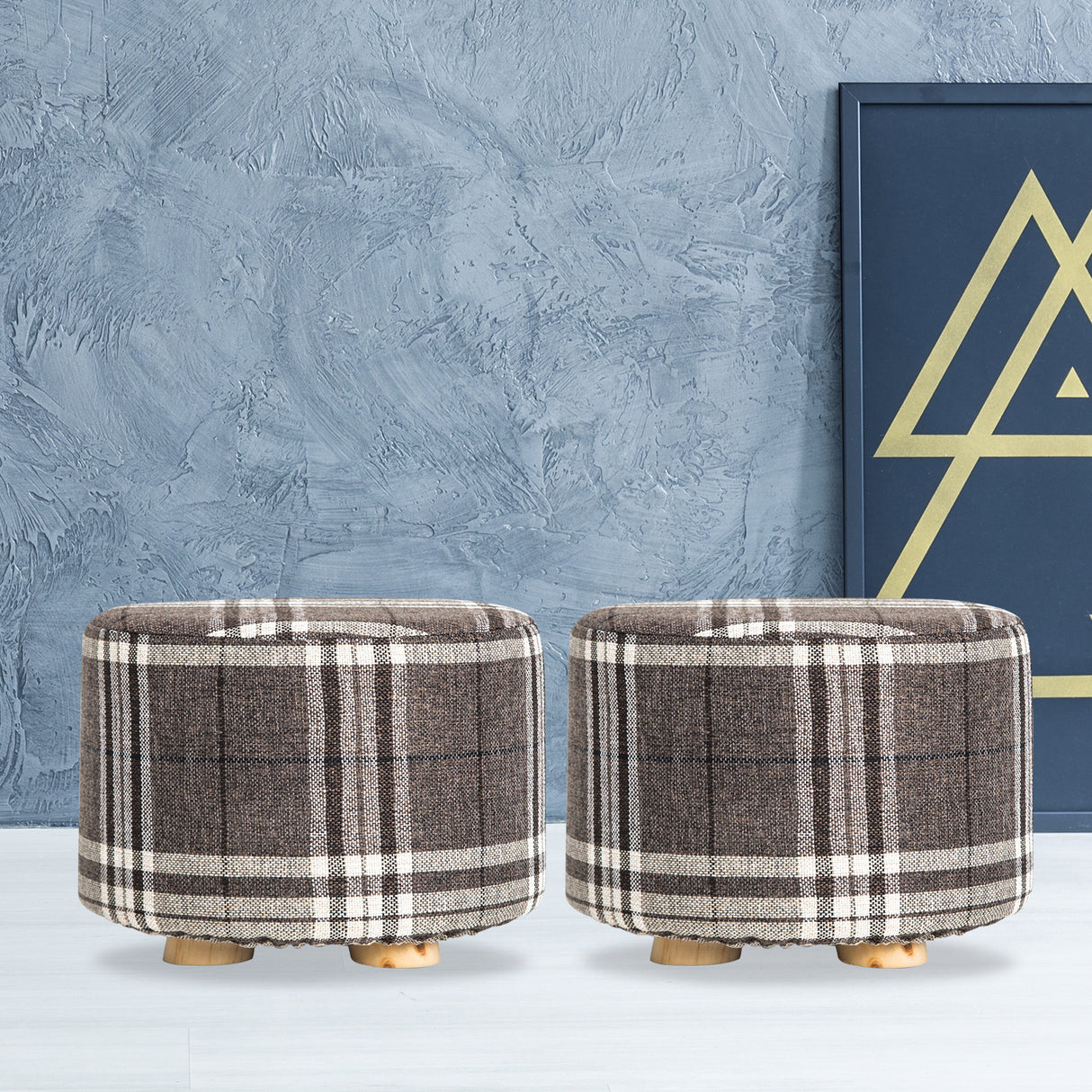 La Bella Upholstered Round Ottoman Set of 2 Wooden Legs Beige Black or Dark Blue — Allure Home Collections