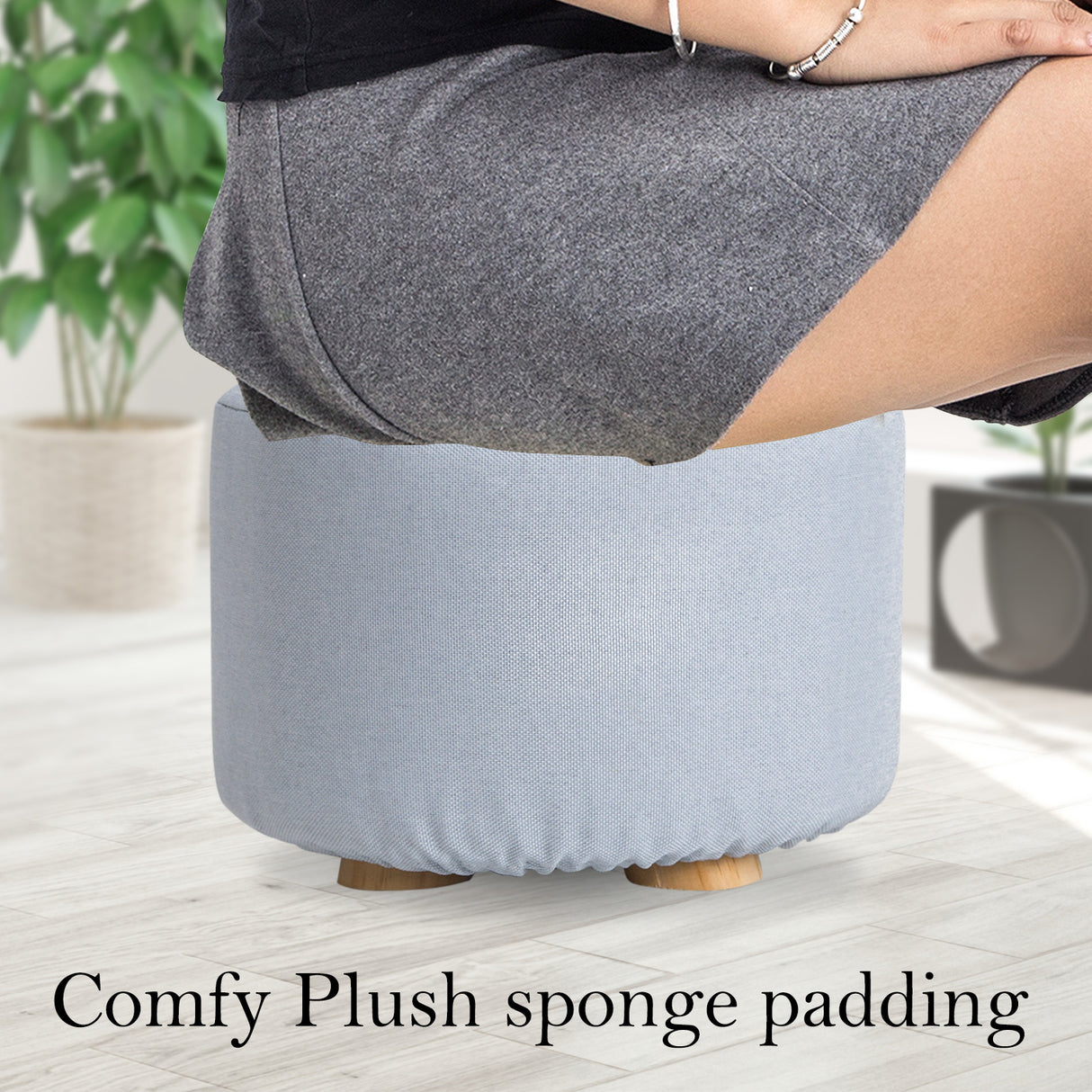 La Bella Round Faux Linen Ottoman with Wooden Legs Beige Black or Dark Blue — Allure Home Collections