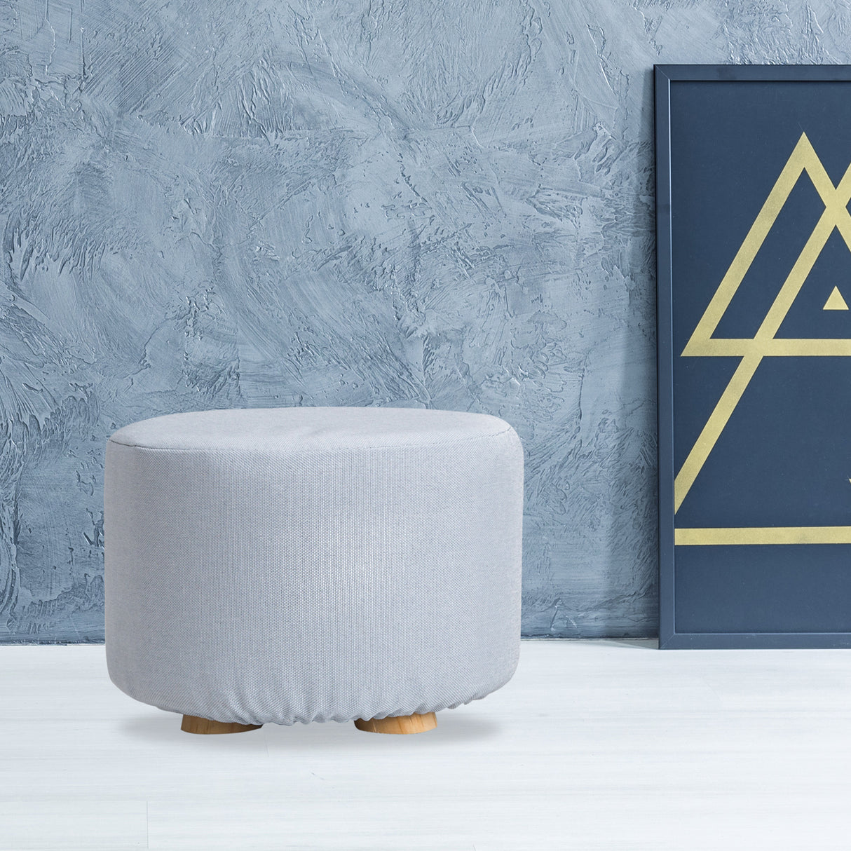 La Bella Round Faux Linen Ottoman with Wooden Legs Beige Black or Dark Blue — Allure Home Collections