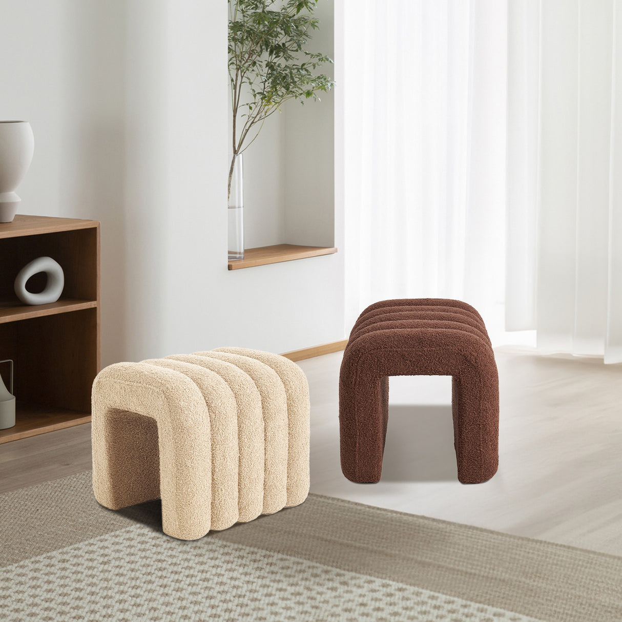 Ridge Arch Ottoman Stool Set of 2 Teddy Fleece Beige or Chocolate Brown — Allure Home Collections
