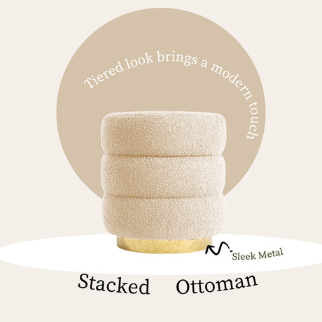 La Bella Round Stacked Ottoman Stool Teddy Fleece 38cm Beige — Allure Home Collections