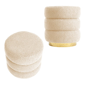 St Leonards round stacked teddy fleece ottoman stools in beige, pair, in a living room
