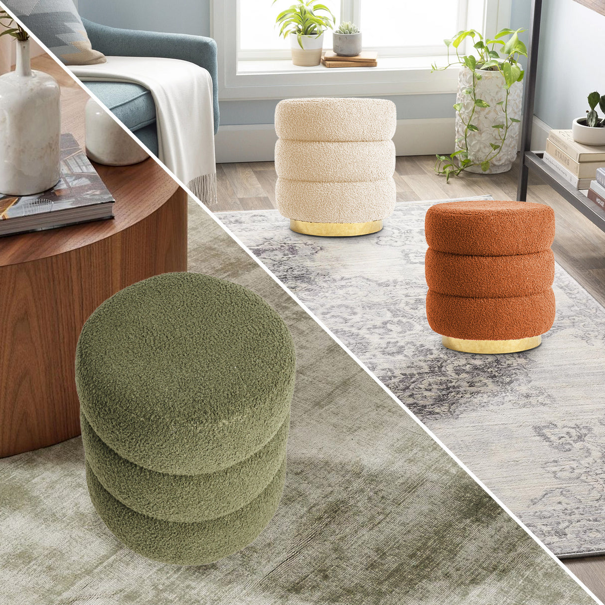 La Bella Round Stacked Ottoman Stool Set of 2 Teddy Fleece Beige — Allure Home Collections