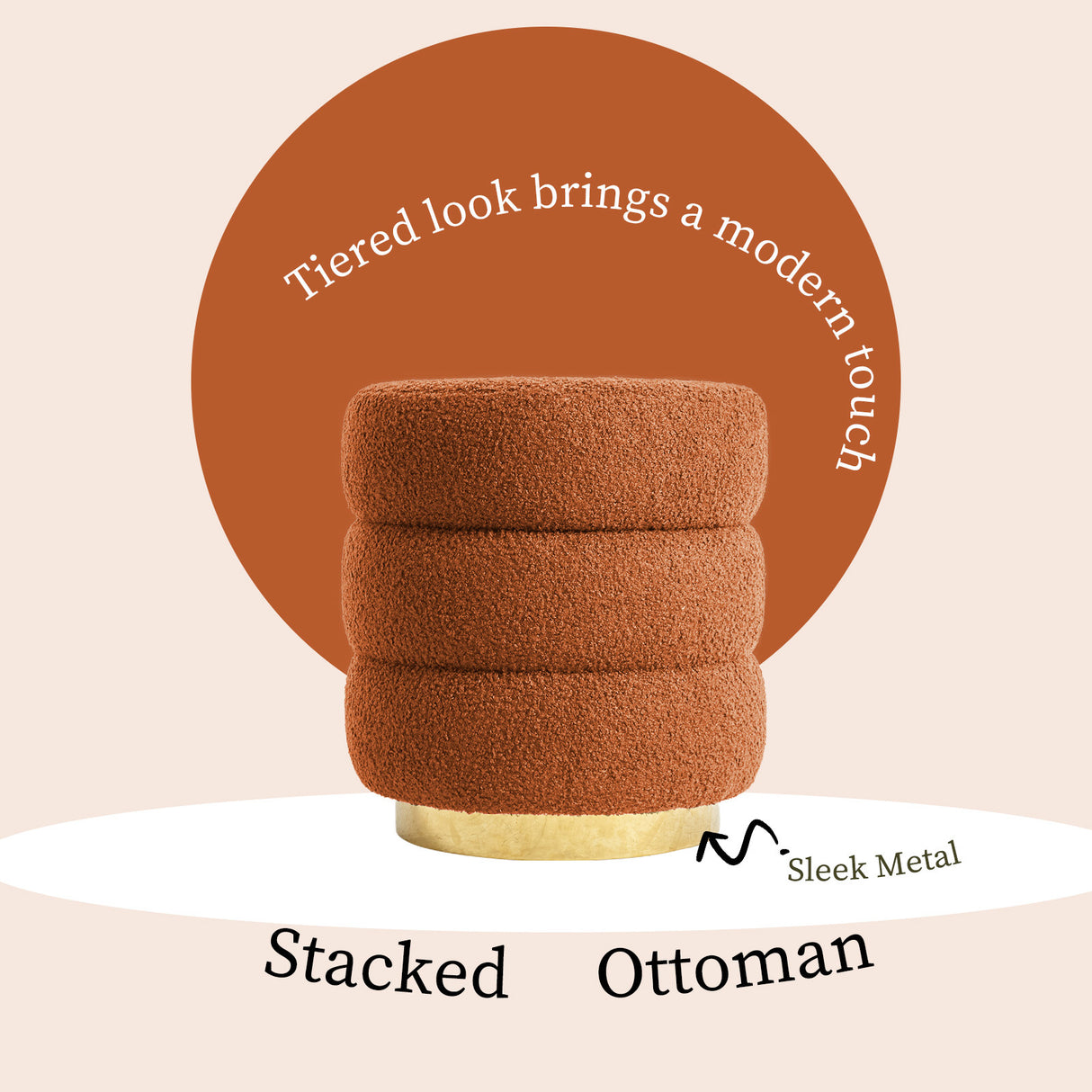 La Bella Round Stacked Ottoman Stool Teddy Fleece 38cm Orange — Allure Home Collections