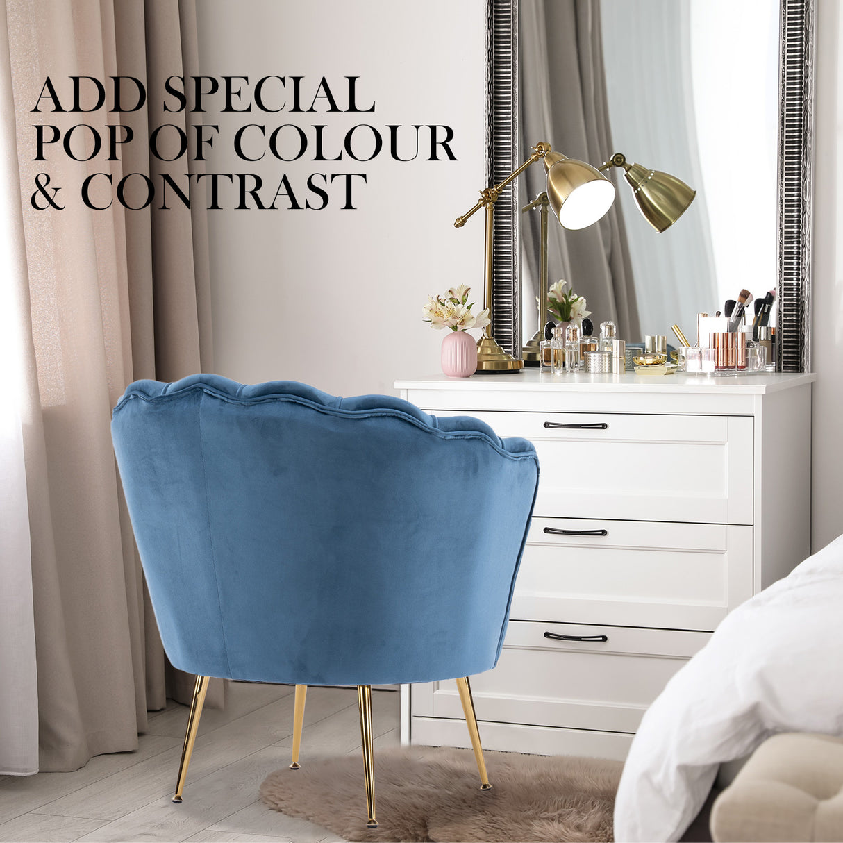 La Bella Scalloped Shell Velvet Armchair with Gold Legs — Various Colours — Allure Home Collections