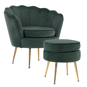 Pulpit Hill green velvet scalloped armchair and round ottoman set with gold legs