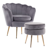 La Bella Velvet Scalloped Armchair and Round Ottoman Set in Green