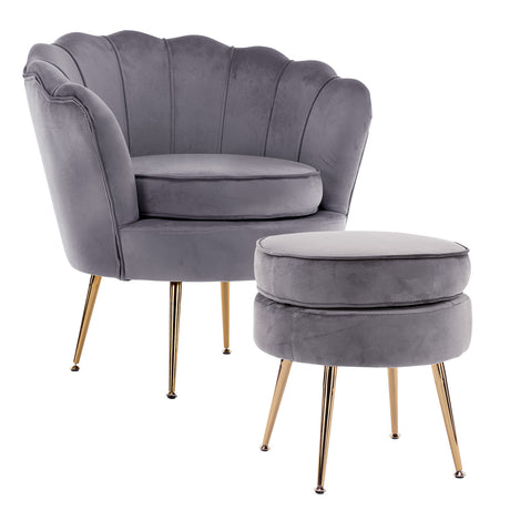 La Bella Velvet Scalloped Armchair and Round Ottoman Set in Green