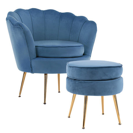 La Bella Velvet Scalloped Armchair and Round Ottoman Set in Green