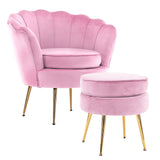 La Bella Velvet Scalloped Armchair and Round Ottoman Set in Green