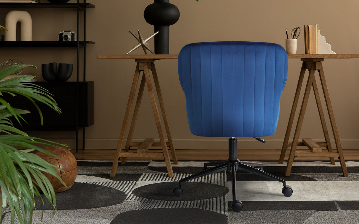 Balingup blue velvet swivel office chair at a home desk