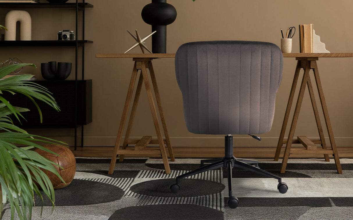 Balingup grey velvet swivel office chair at a home desk