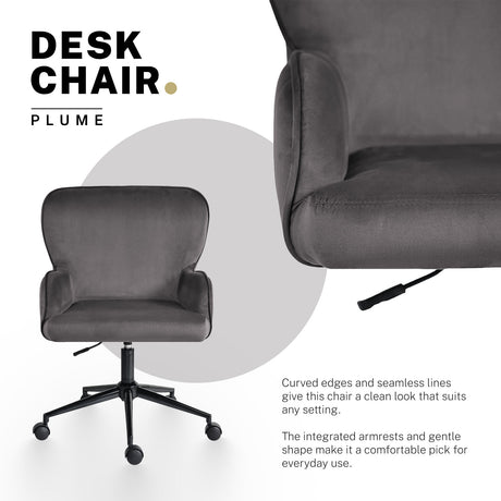 Balingup grey velvet swivel office chair at a home desk