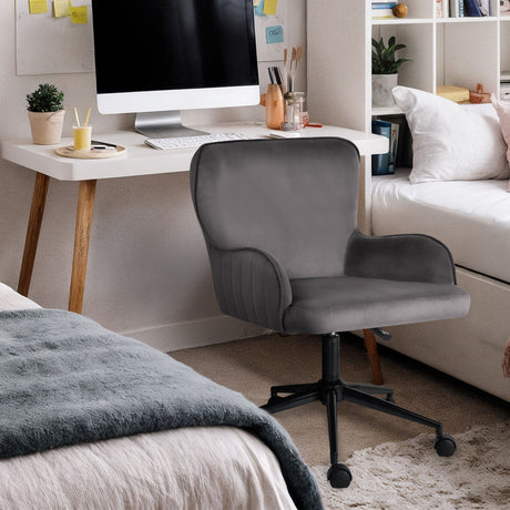 Balingup grey velvet swivel office chair at a home desk