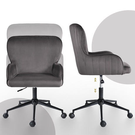 Balingup grey velvet swivel office chair at a home desk